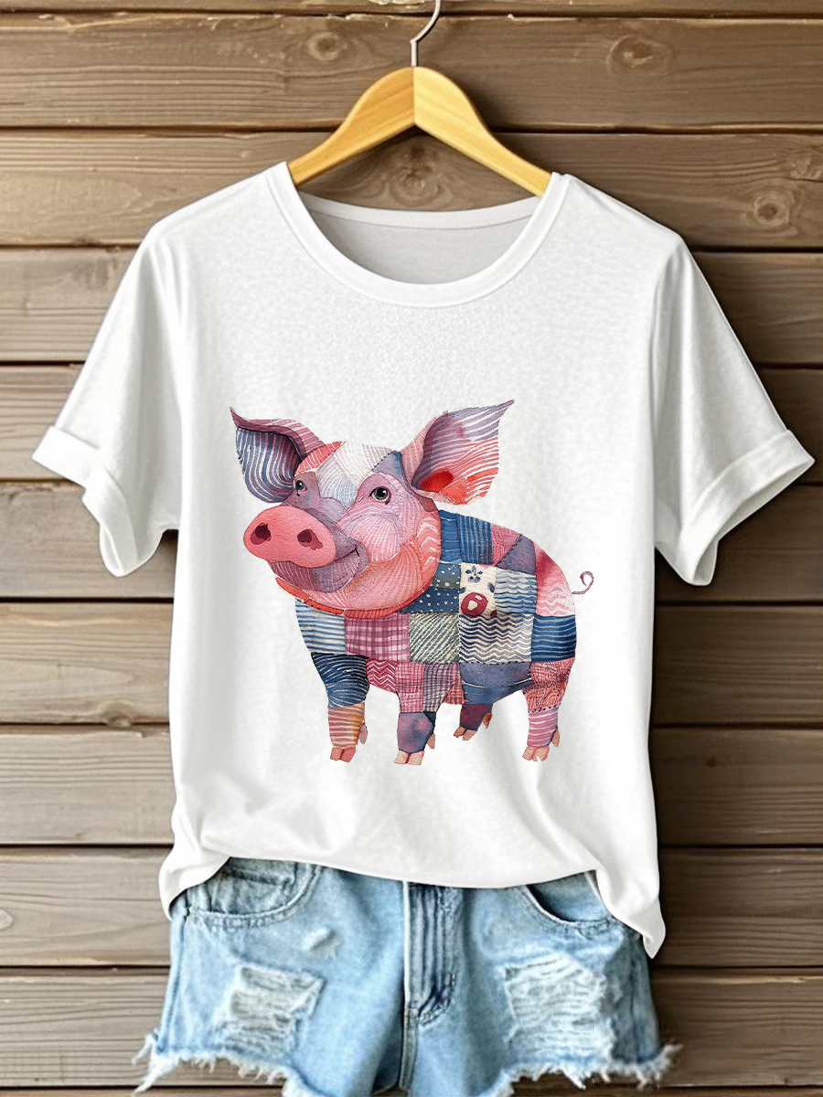 Women's Patchwork Art Pig Print Casual T-shirt