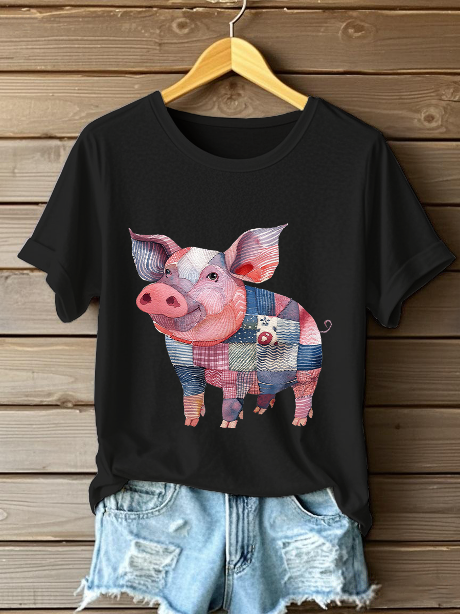 Women's Patchwork Art Pig Print Casual T-shirt