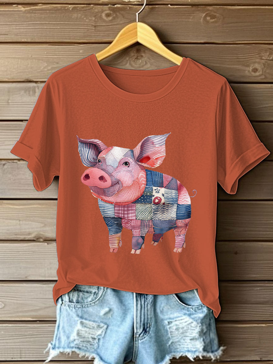 Women's Patchwork Art Pig Print Casual T-shirt