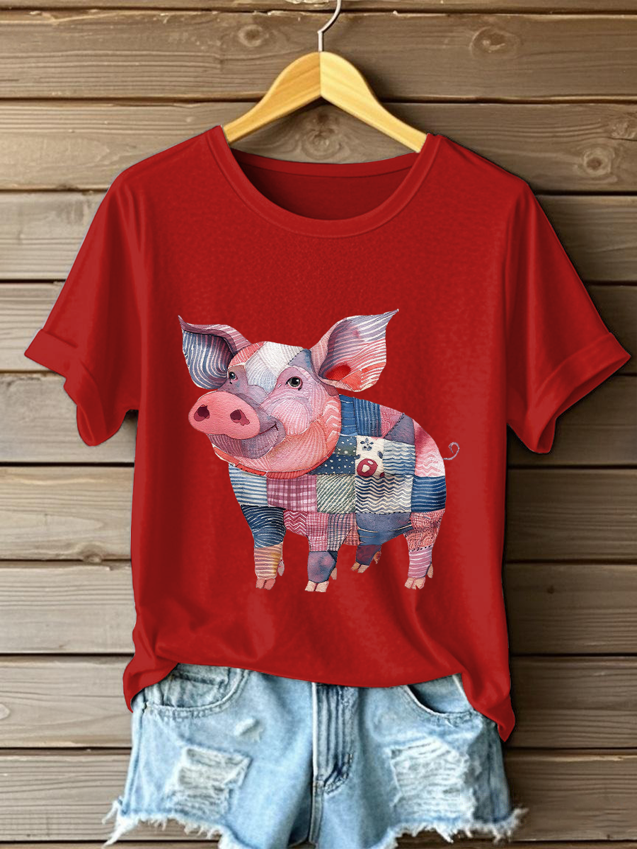 Women's Patchwork Art Pig Print Casual T-shirt