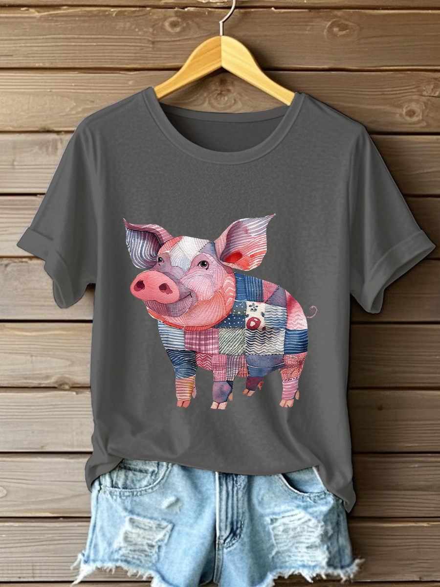 Women's Patchwork Art Pig Print Casual T-shirt