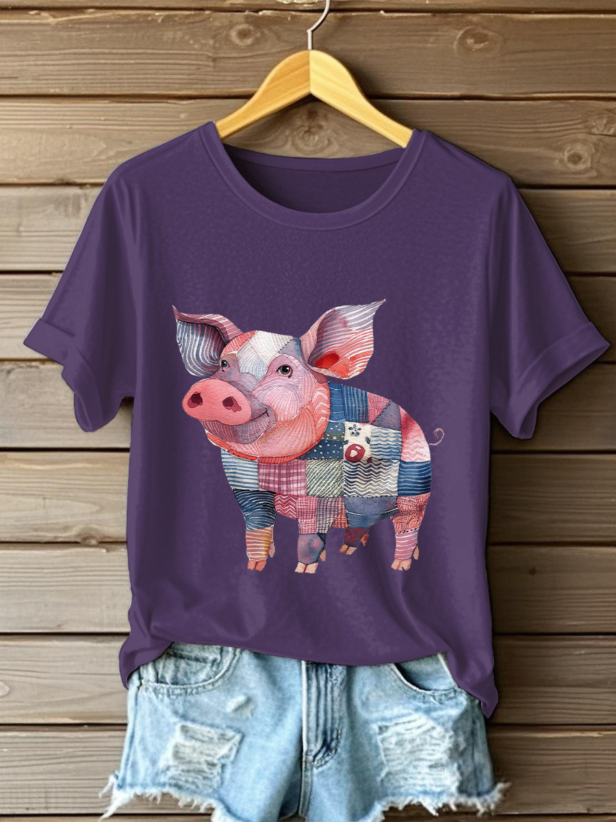 Women's Patchwork Art Pig Print Casual T-shirt