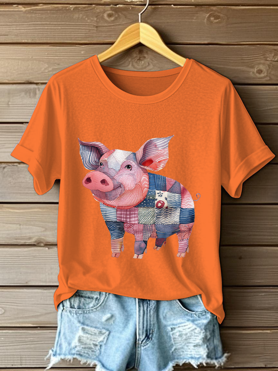 Women's Patchwork Art Pig Print Casual T-shirt