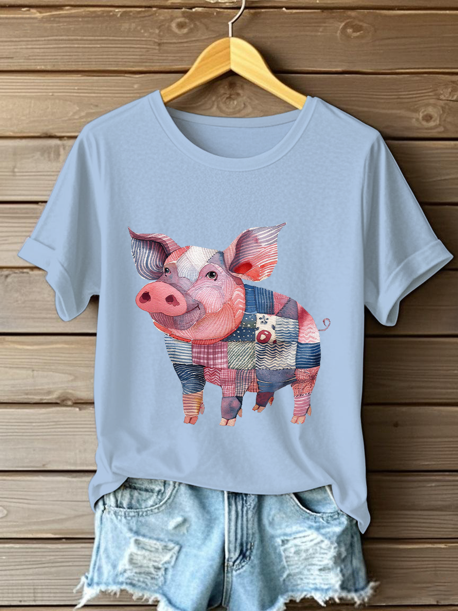 Women's Patchwork Art Pig Print Casual T-shirt