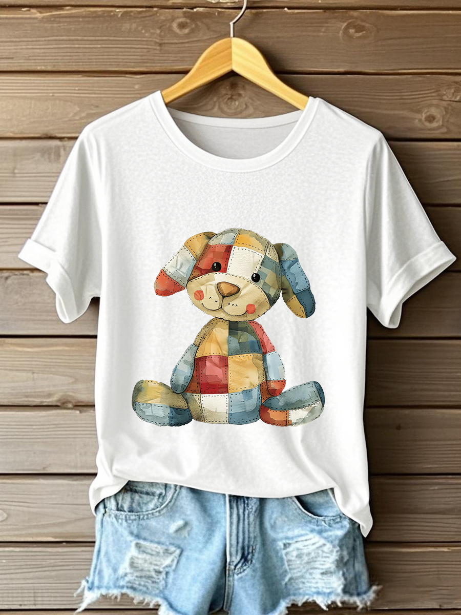 Women's Patchwork Art Dog Print T-Shirt