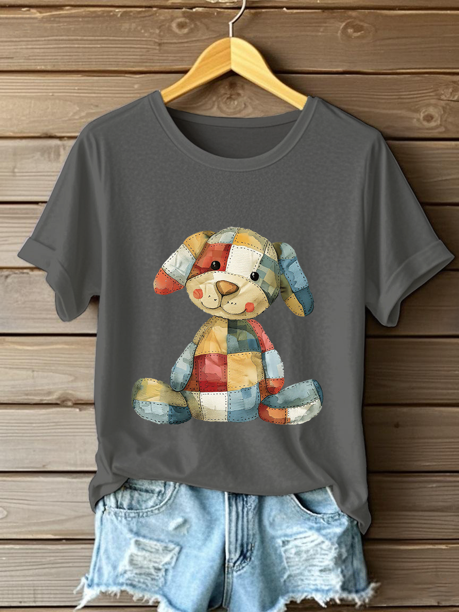 Women's Patchwork Art Dog Print T-Shirt