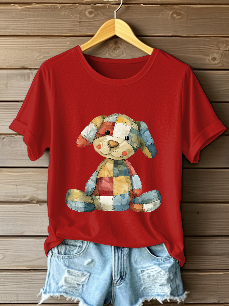 Women's Patchwork Art Dog Print T-Shirt