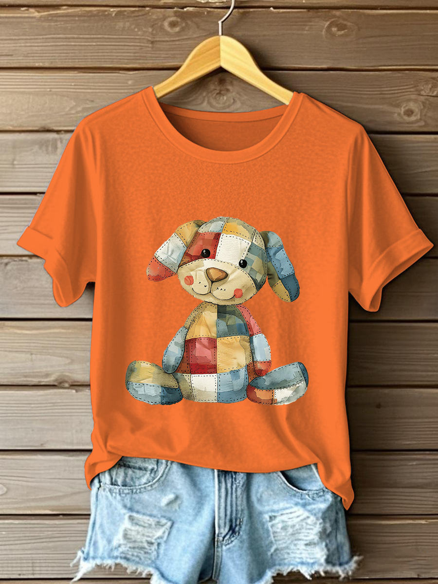 Women's Patchwork Art Dog Print T-Shirt