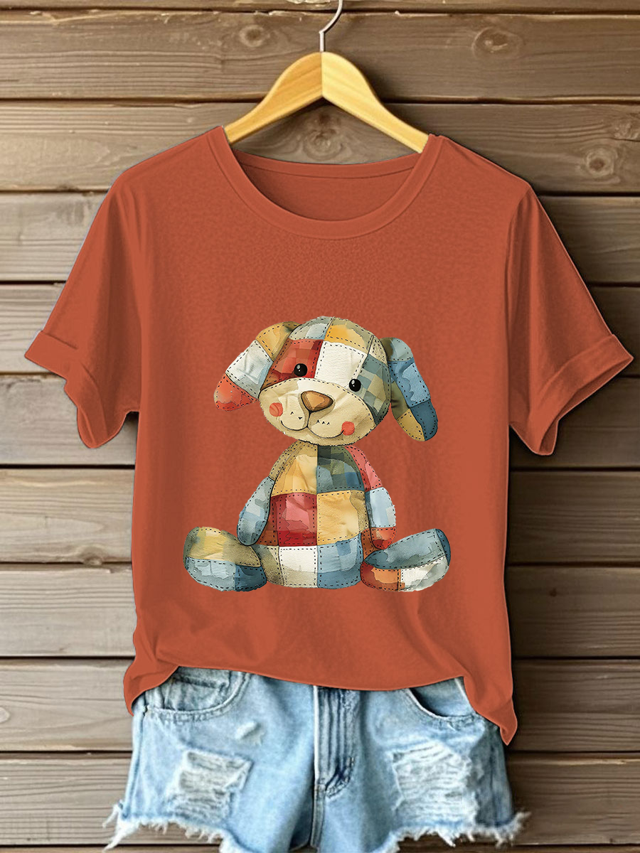 Women's Patchwork Art Dog Print T-Shirt