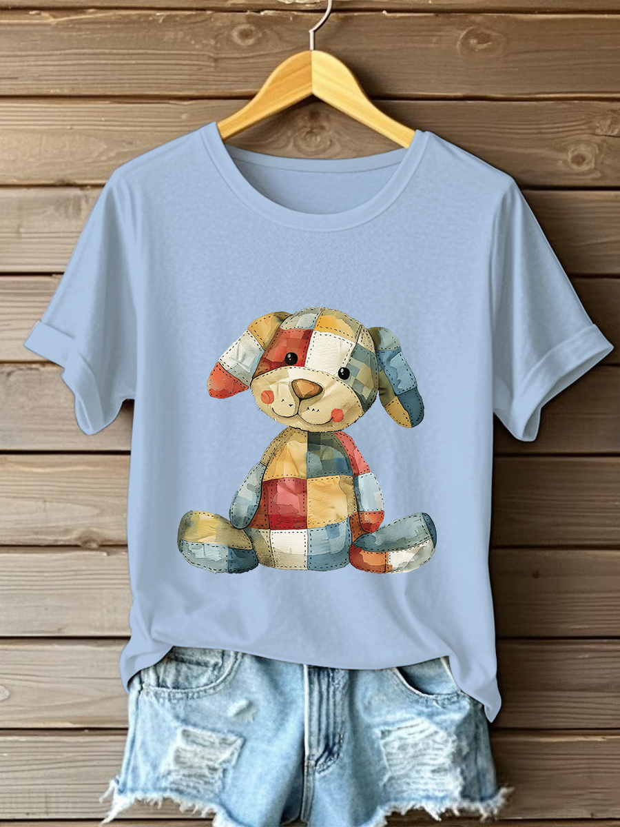 Women's Patchwork Art Dog Print T-Shirt