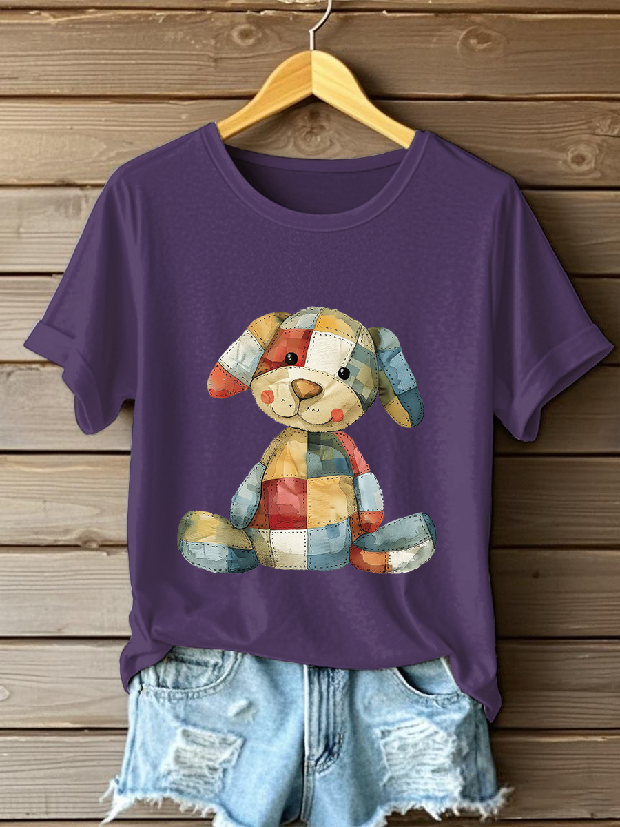 Women's Patchwork Art Dog Print T-Shirt