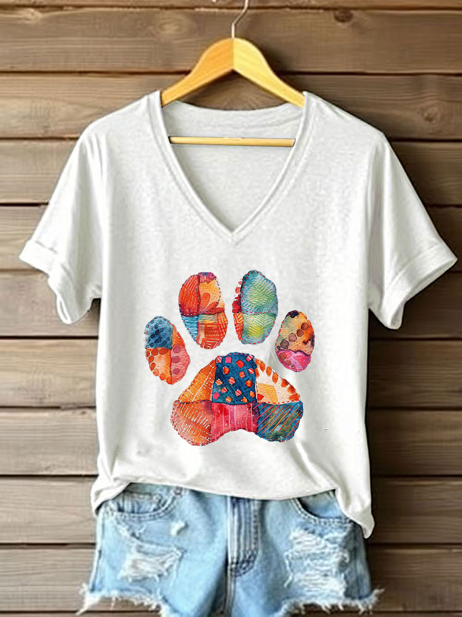 Women's Patchwork Art Paw Print Casual T-Shirt