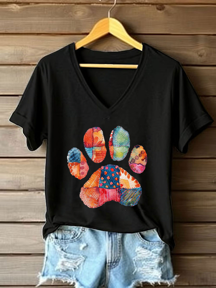 Women's Patchwork Art Paw Print Casual T-Shirt