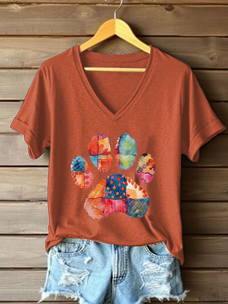 Women's Patchwork Art Paw Print Casual T-Shirt