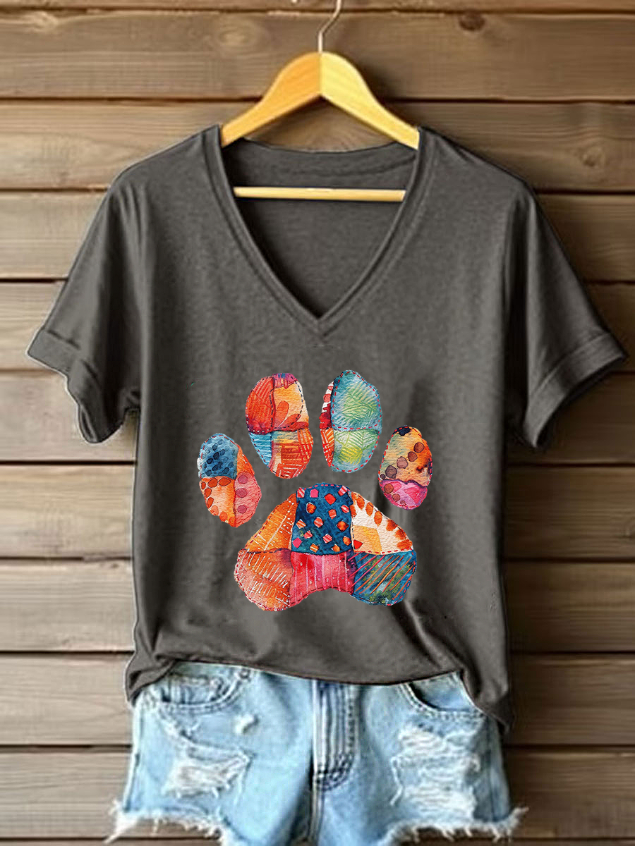 Women's Patchwork Art Paw Print Casual T-Shirt