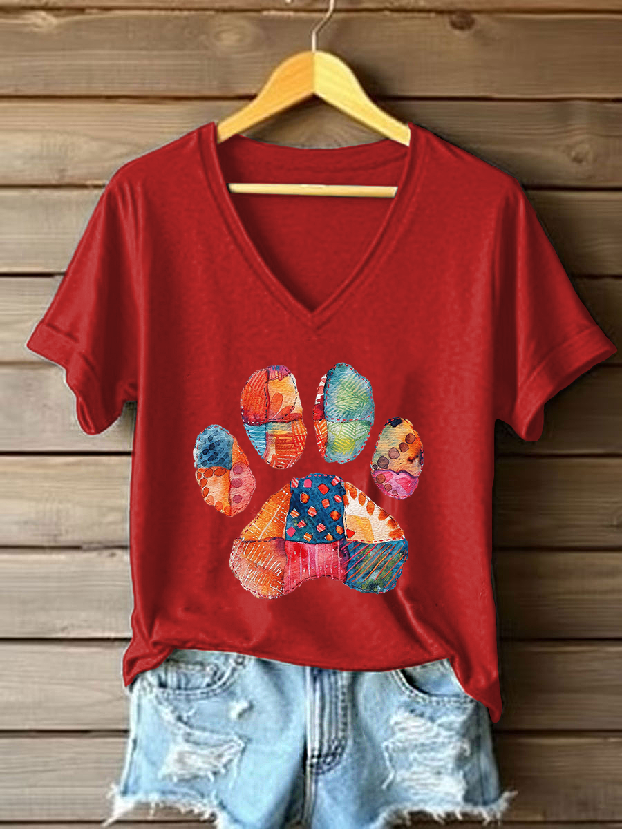 Women's Patchwork Art Paw Print Casual T-Shirt
