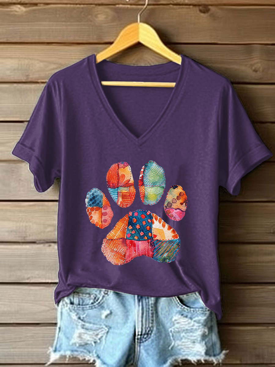 Women's Patchwork Art Paw Print Casual T-Shirt