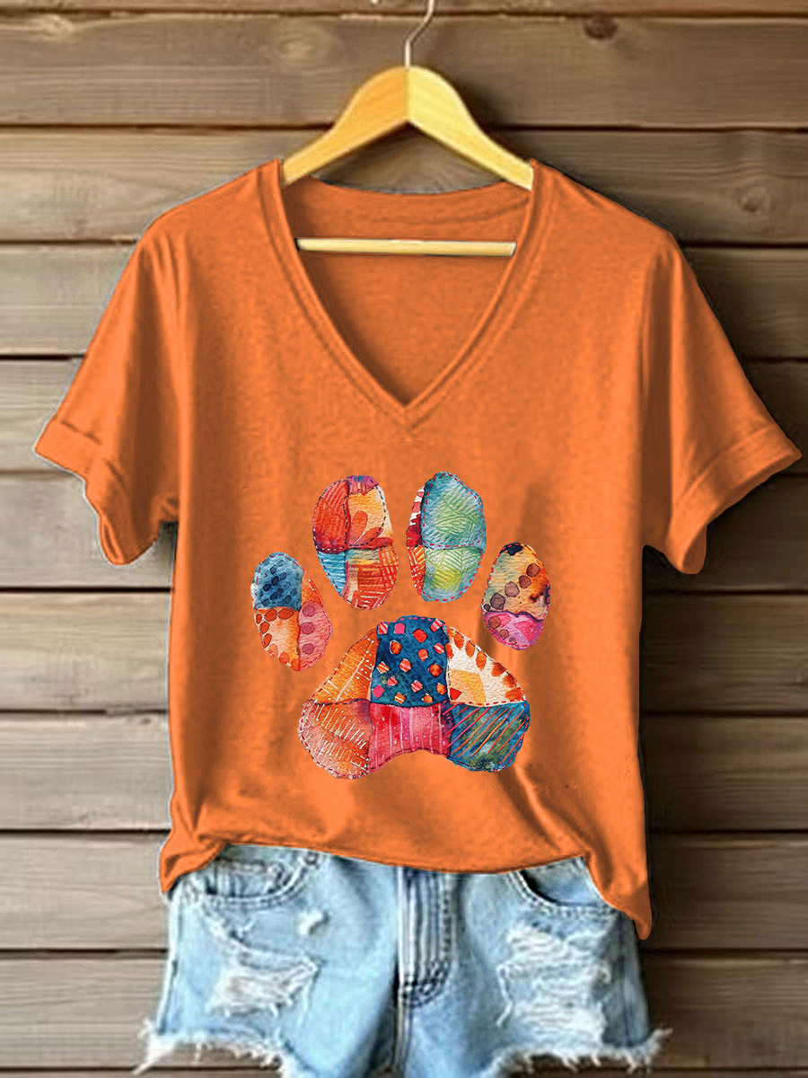 Women's Patchwork Art Paw Print Casual T-Shirt