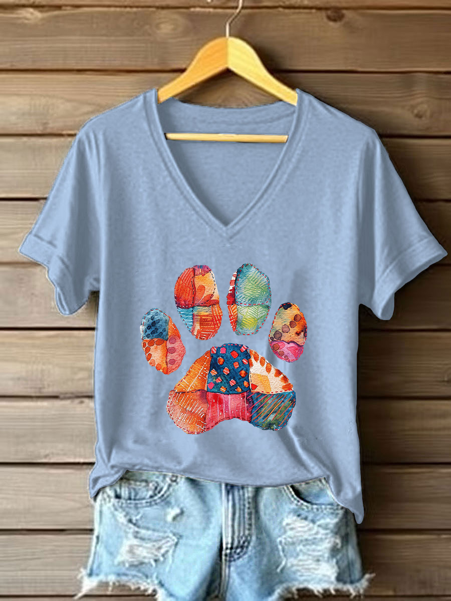 Women's Patchwork Art Paw Print Casual T-Shirt