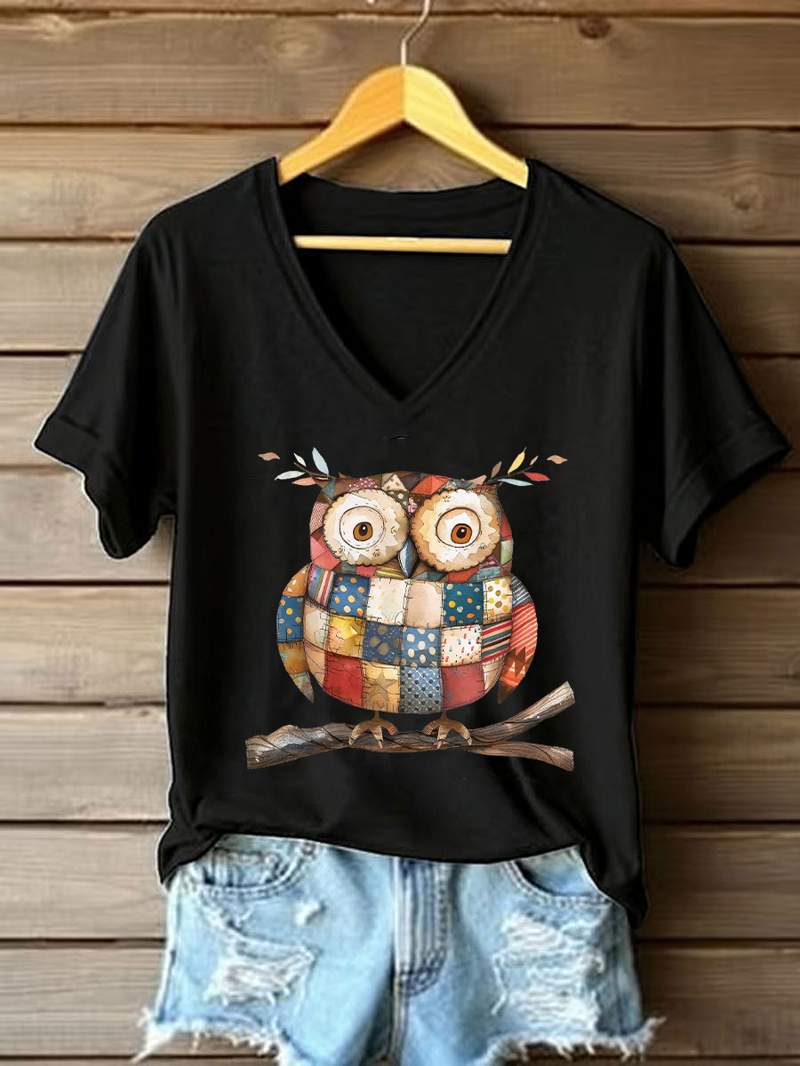 Women's Patchwork Art Owl Print Casual T-shirt