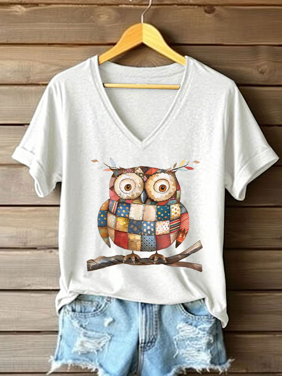 Women's Patchwork Art Owl Print Casual T-shirt