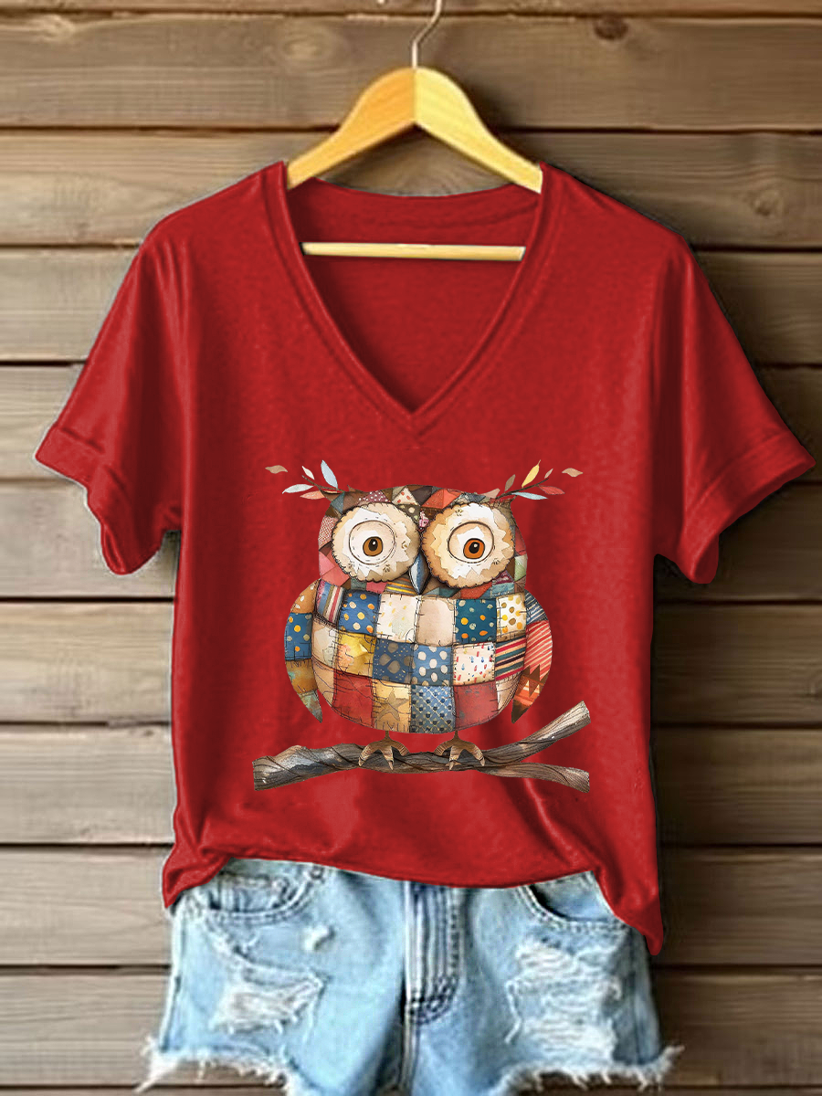 Women's Patchwork Art Owl Print Casual T-shirt