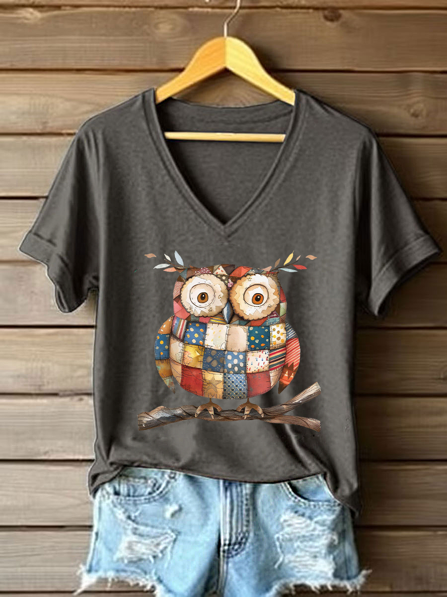 Women's Patchwork Art Owl Print Casual T-shirt