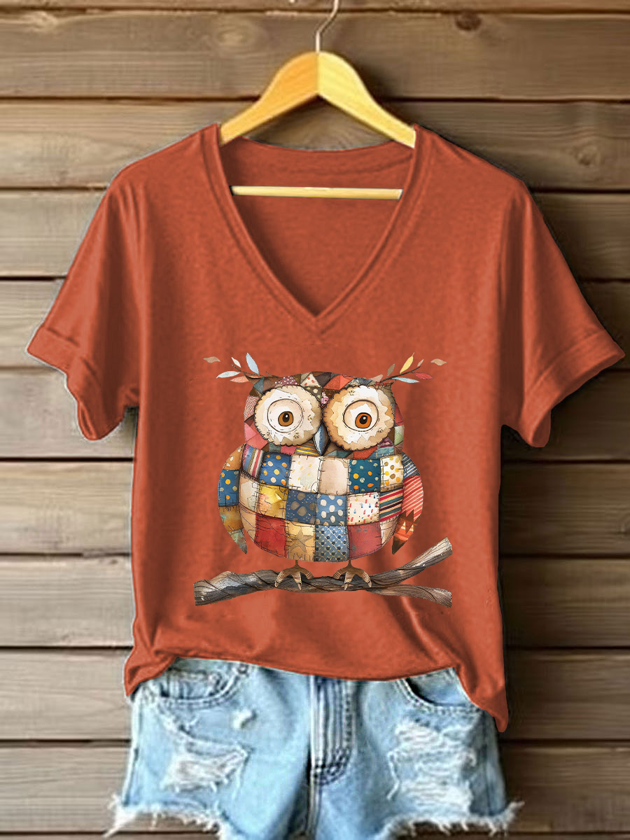 Women's Patchwork Art Owl Print Casual T-shirt
