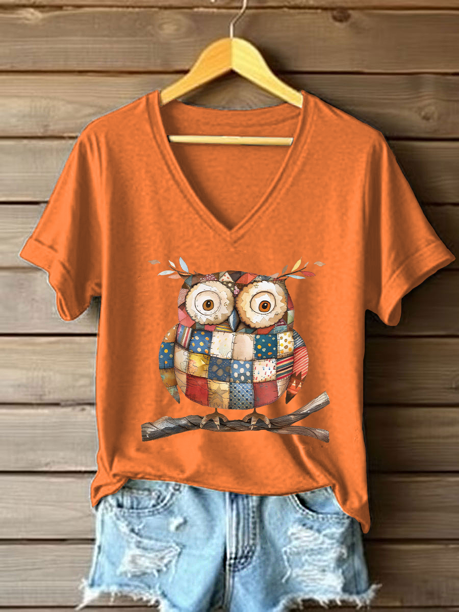 Women's Patchwork Art Owl Print Casual T-shirt