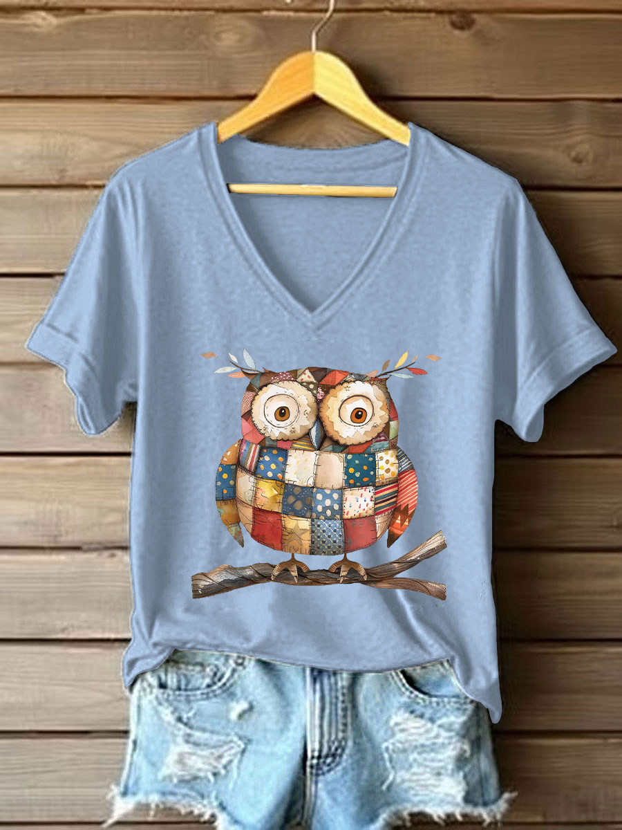 Women's Patchwork Art Owl Print Casual T-shirt