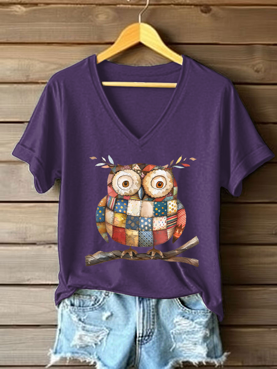 Women's Patchwork Art Owl Print Casual T-shirt