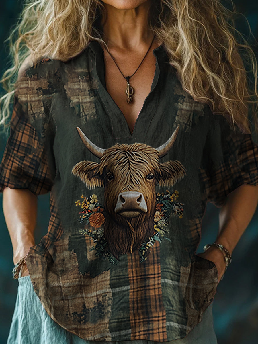 Women's Vintage Scotland Highland Cow Flower Casual Long Sleeve Shirt