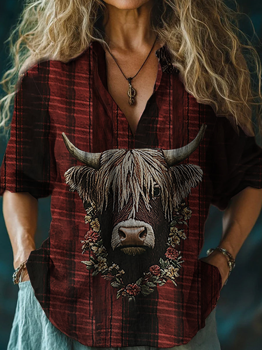 Women's  Vintage Scotland Highland Cow Flower Casual Long Sleeve Shirt