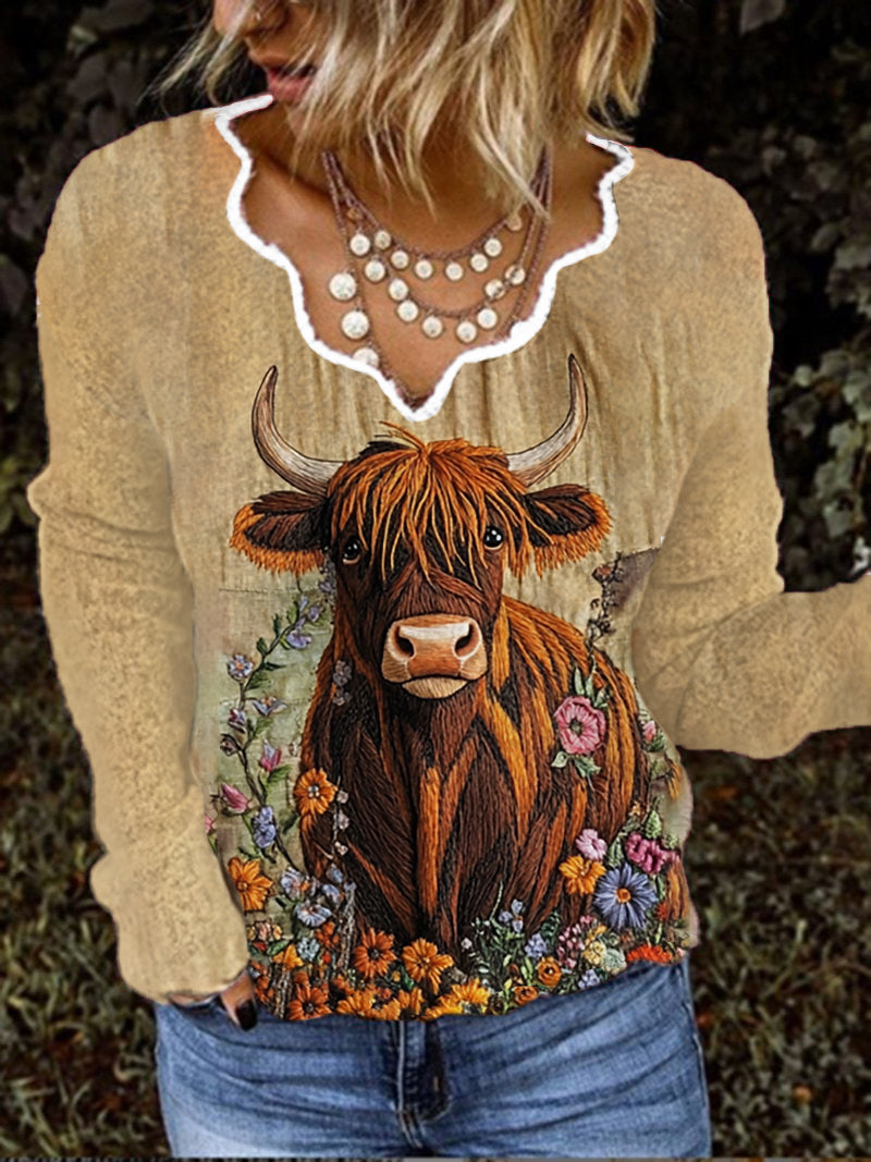 Women's Vintage Scotland Highland Cow Flower Casual Long Sleeve Top
