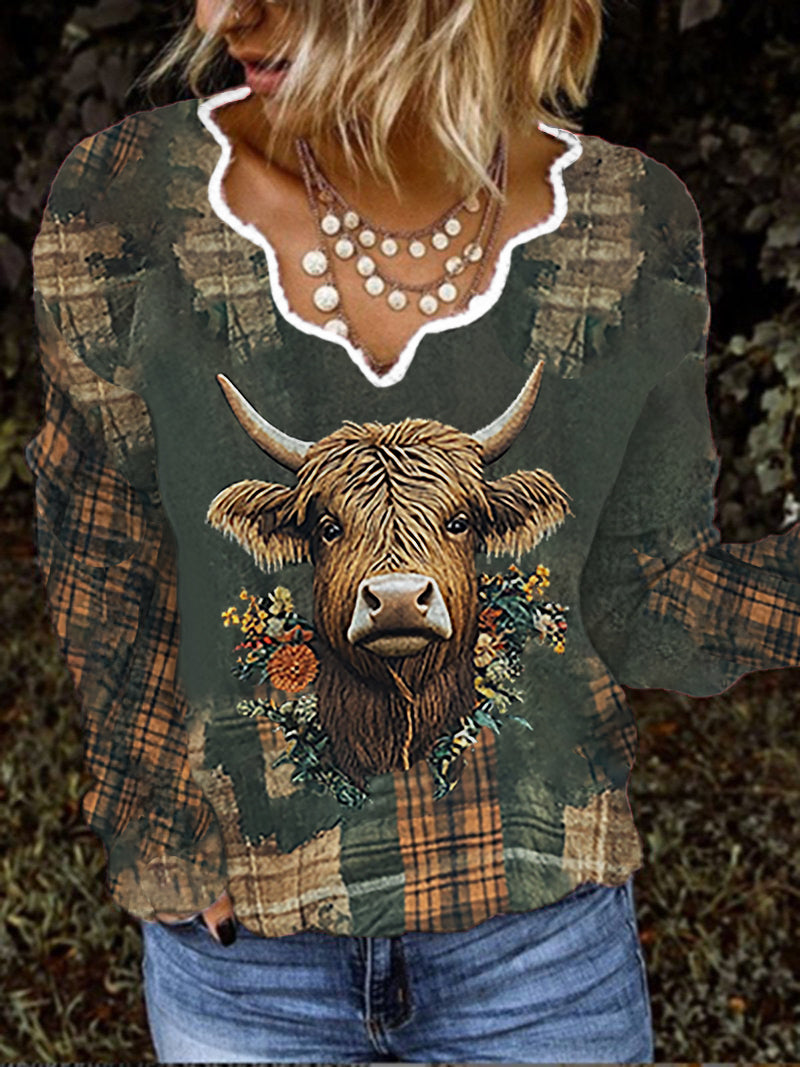 Women's Vintage Scotland Highland Cow Flower Casual Long Sleeve Top