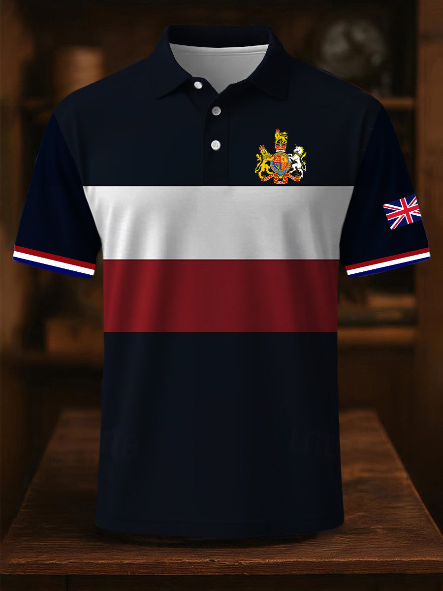 Men's BRITISH ROYAL COAT OF ARMS Stripes Print Casual Short Sleeve Top