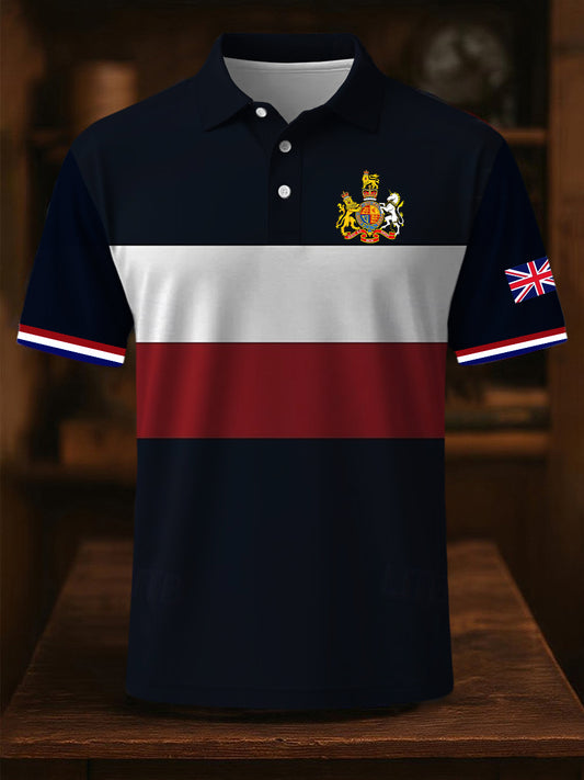 Men's BRITISH ROYAL COAT OF ARMS Stripes Print Casual Short Sleeve Top