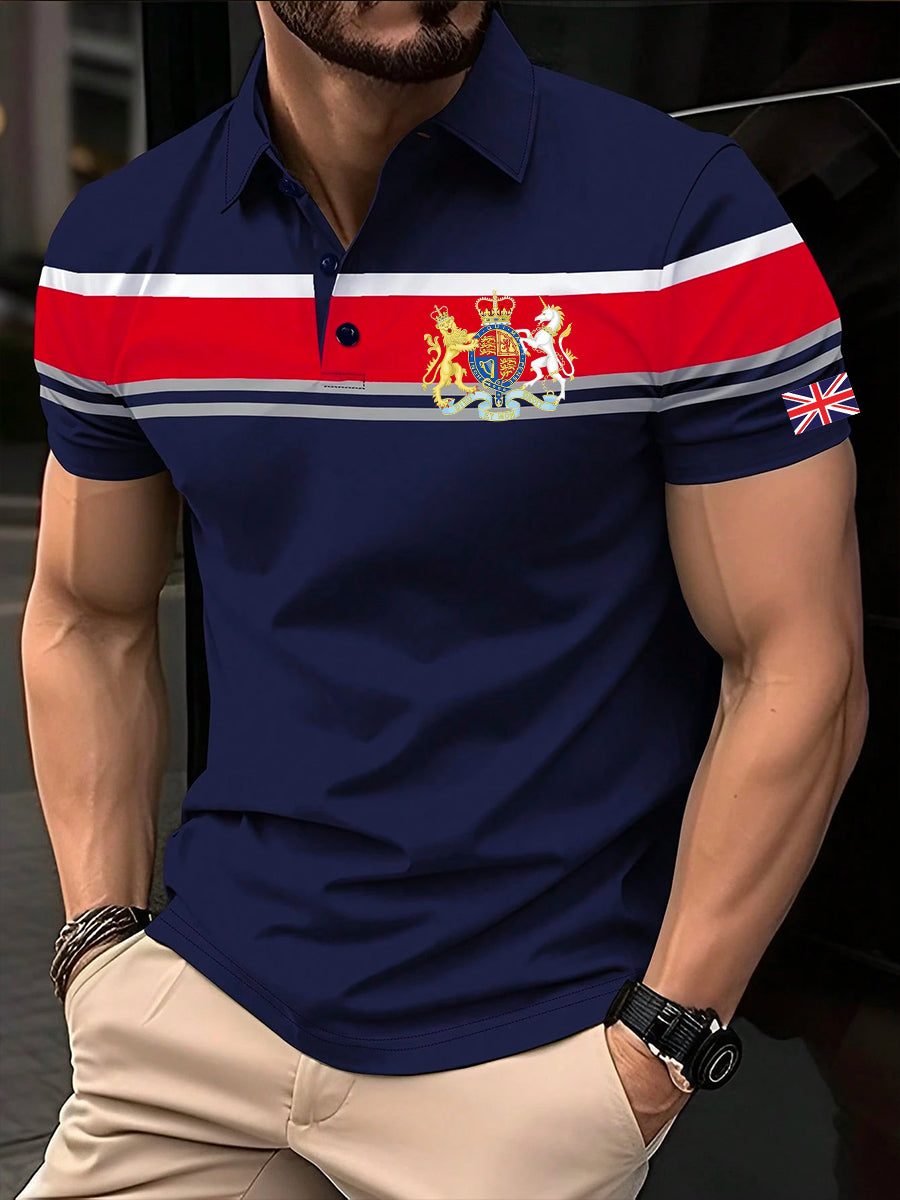 Men's Elizabeth II Royal Coat of Arms Emblem Stripes Print Casual Short Sleeve Top