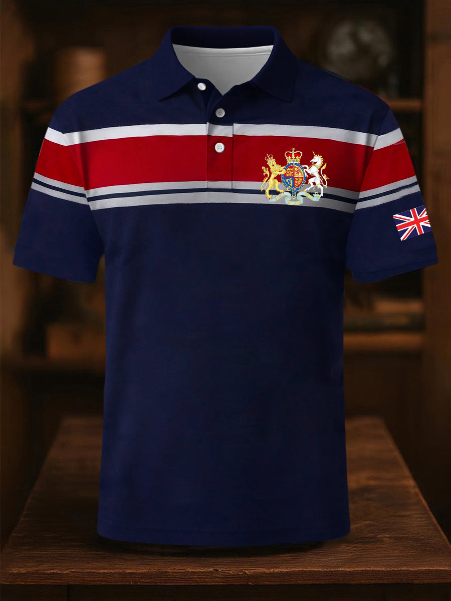 Men's Elizabeth II Royal Coat of Arms Emblem Stripes Print Casual Short Sleeve Top
