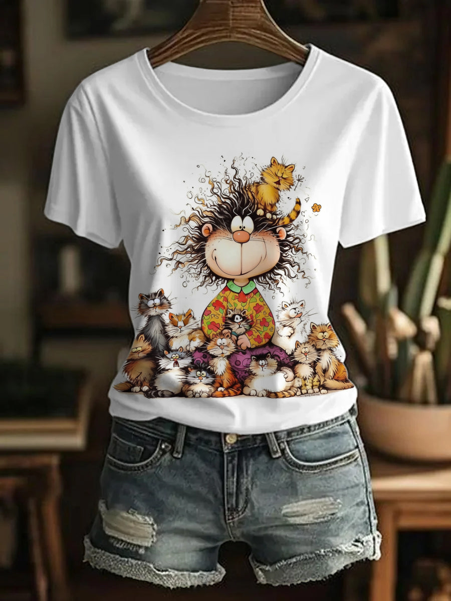 Women's Funny Cute Crazy Hair Cartoon Cats Print Casual Tee