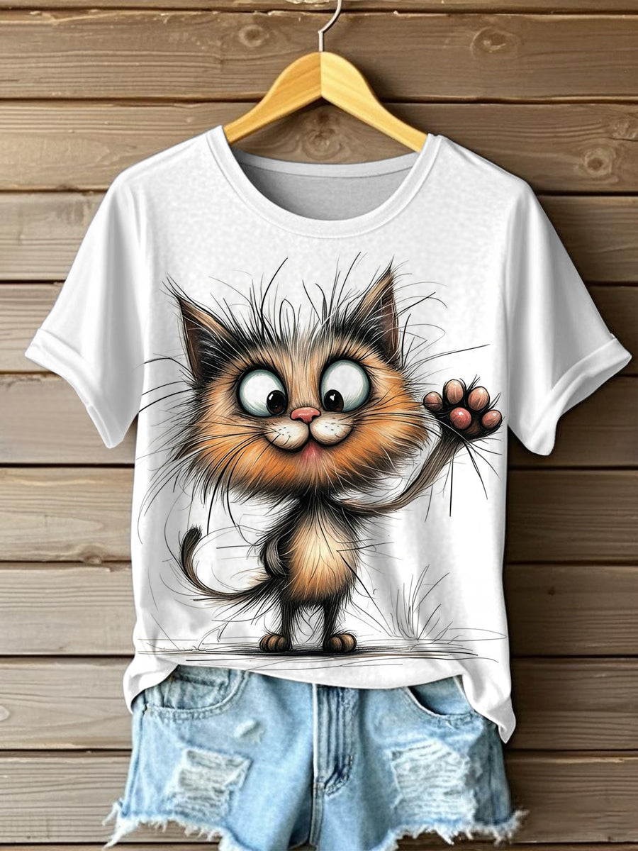 Women's Funny Crazy Hair Cartoon Cat Print Casual Tee