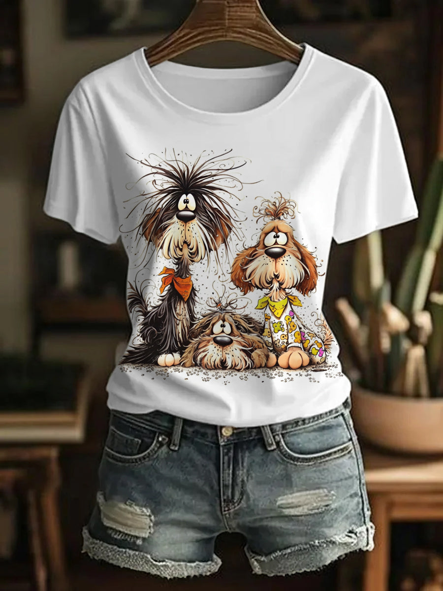 Women's Funny Cute Crazy Hair Cartoon Dogs Print Casual Tee