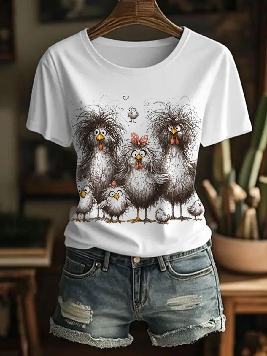 Women's Funny Cute Crazy Hair Cartoon Chickens Print Casual Tee