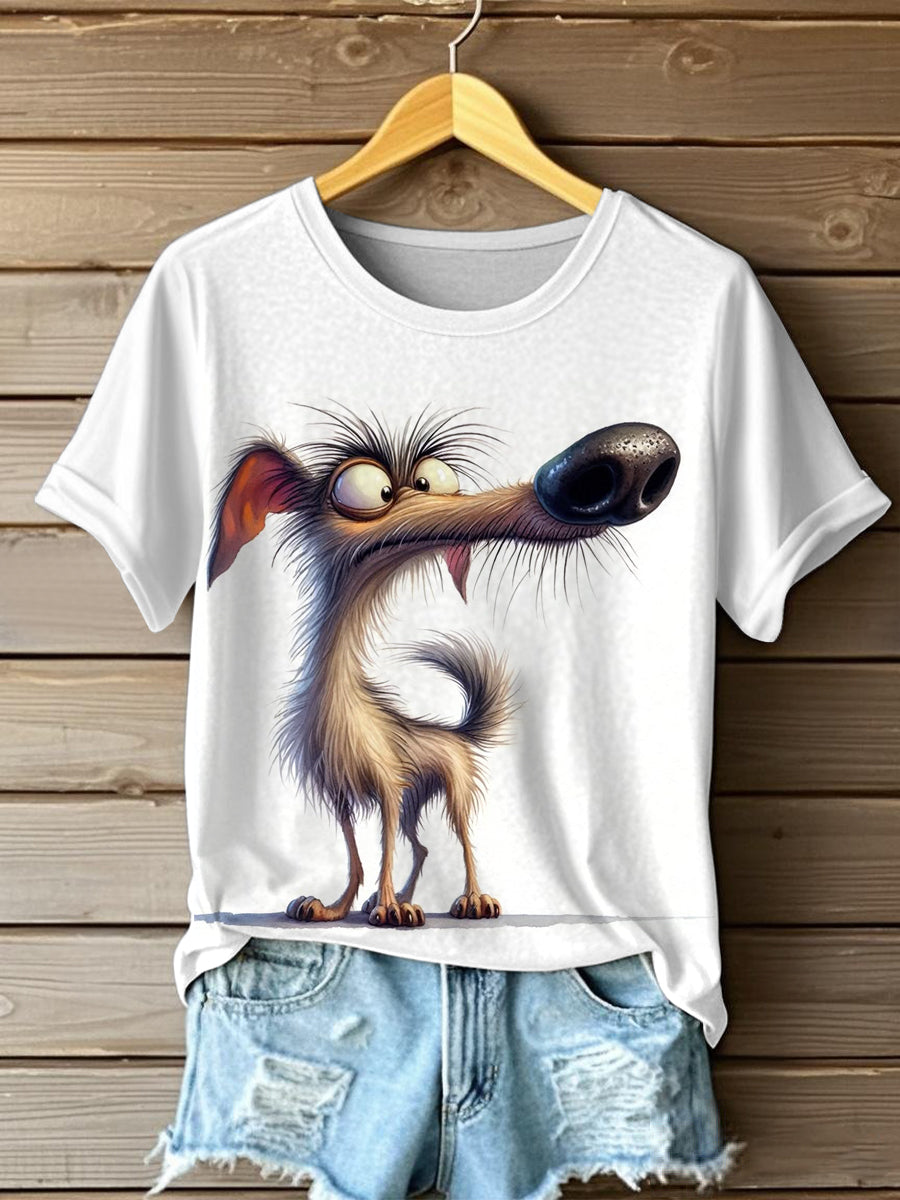 Women's Funny Crazy Hair Cartoon Dog Print Casual Tee