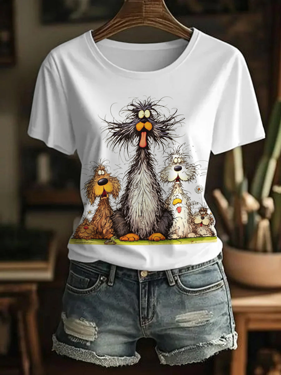 Women's Funny Cute Crazy Hair Cartoon Dogs Print Casual Tee
