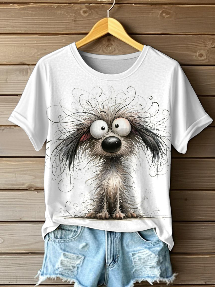 Women's Funny Crazy Hair Cartoon Dog Print Casual Tee