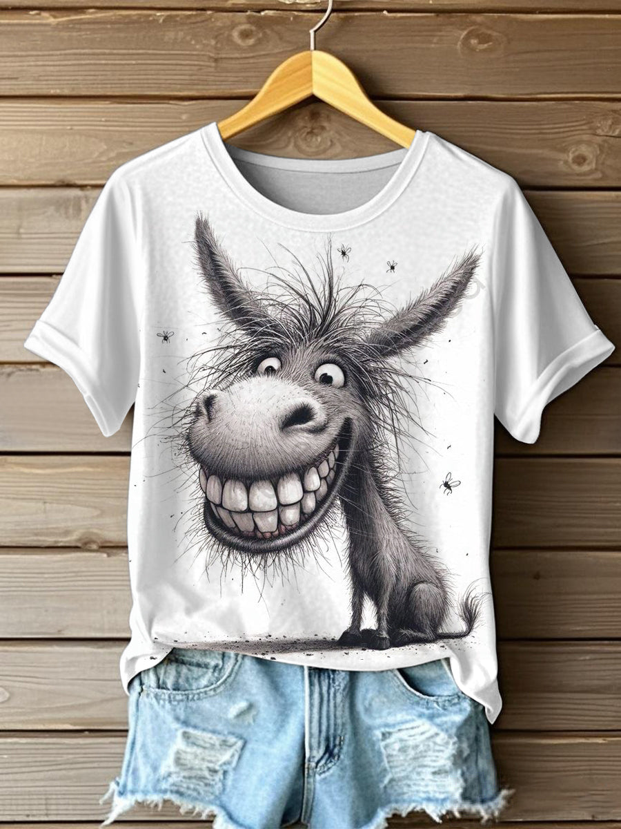 Women's Funny Crazy Hair Cartoon Donkey Print Casual Tee