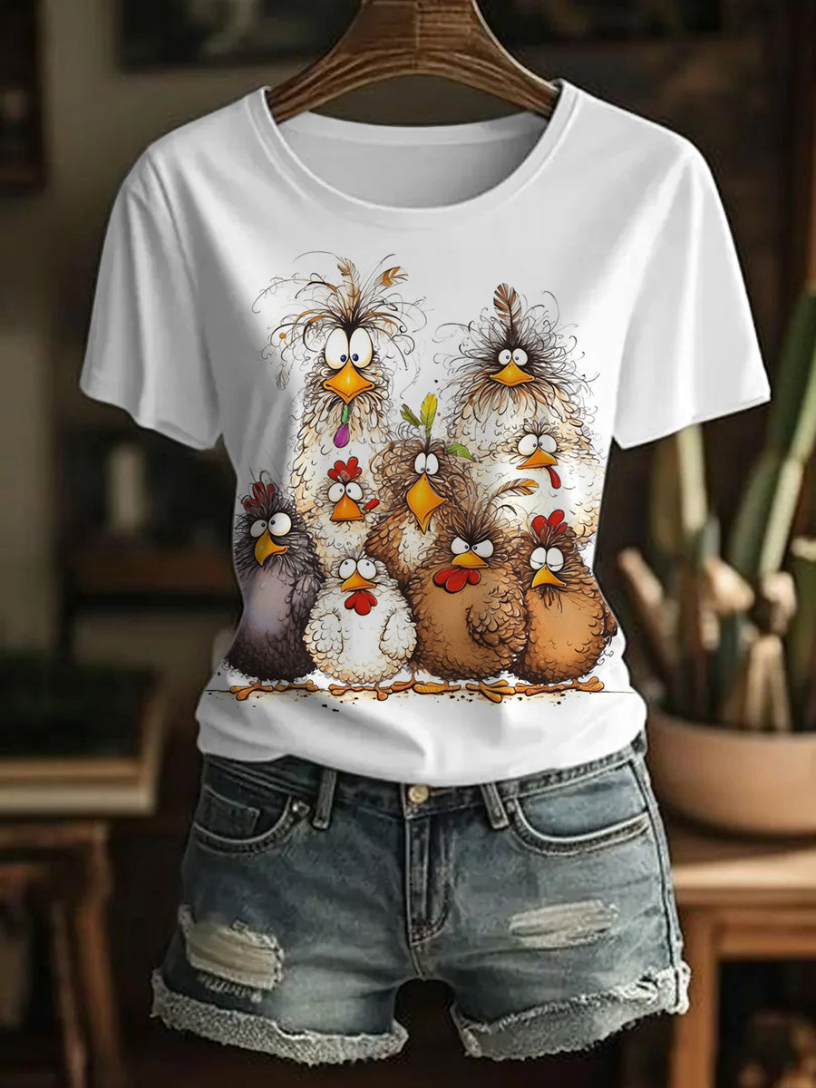 Women's Funny Cute Crazy Hair Cartoon Chickens Print Casual Tee
