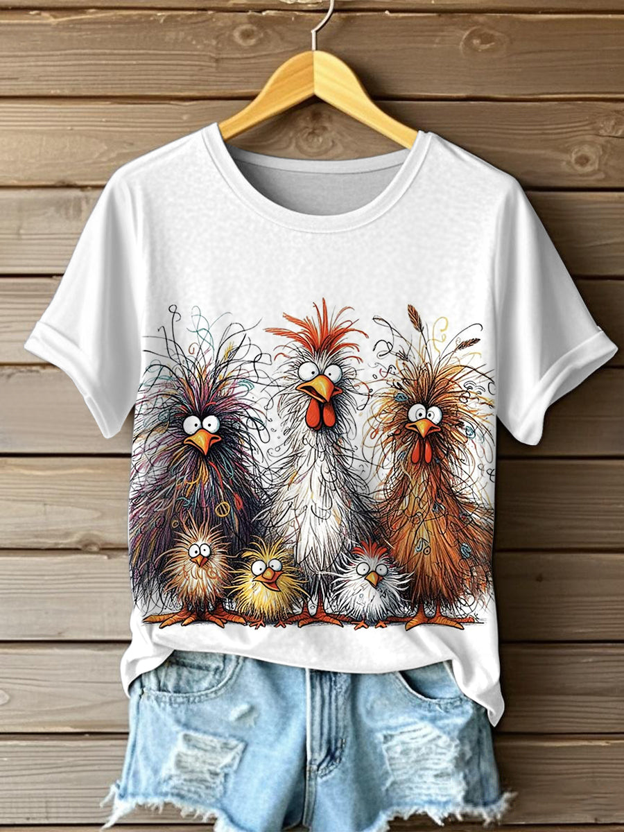 Women's Funny Crazy Hair Cartoon Chickens Print Casual Tee