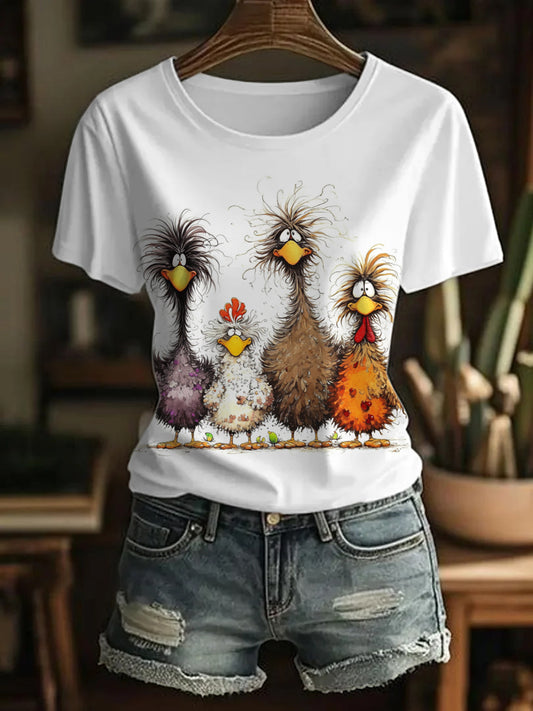 Women's Funny Cute Crazy Hair Cartoon Chickens Print Casual Tee